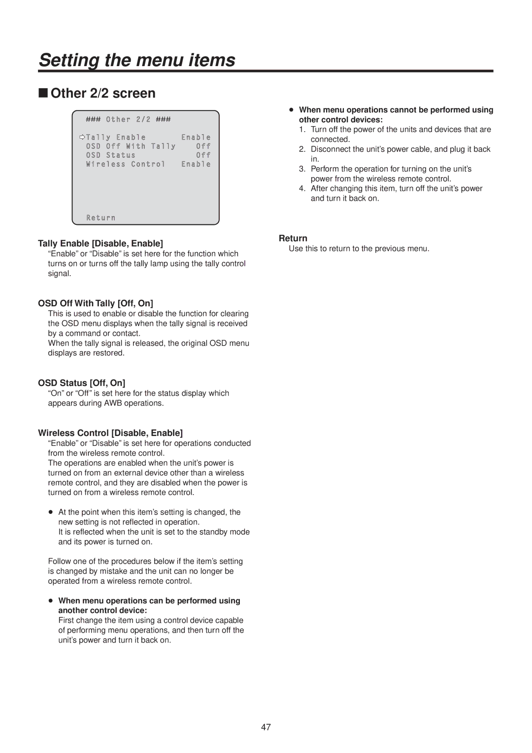 Panasonic AWHE50HN manual WwOther 2/2 screen, Tally Enable Disable, Enable, OSD Off With Tally Off, On, OSD Status Off, On 